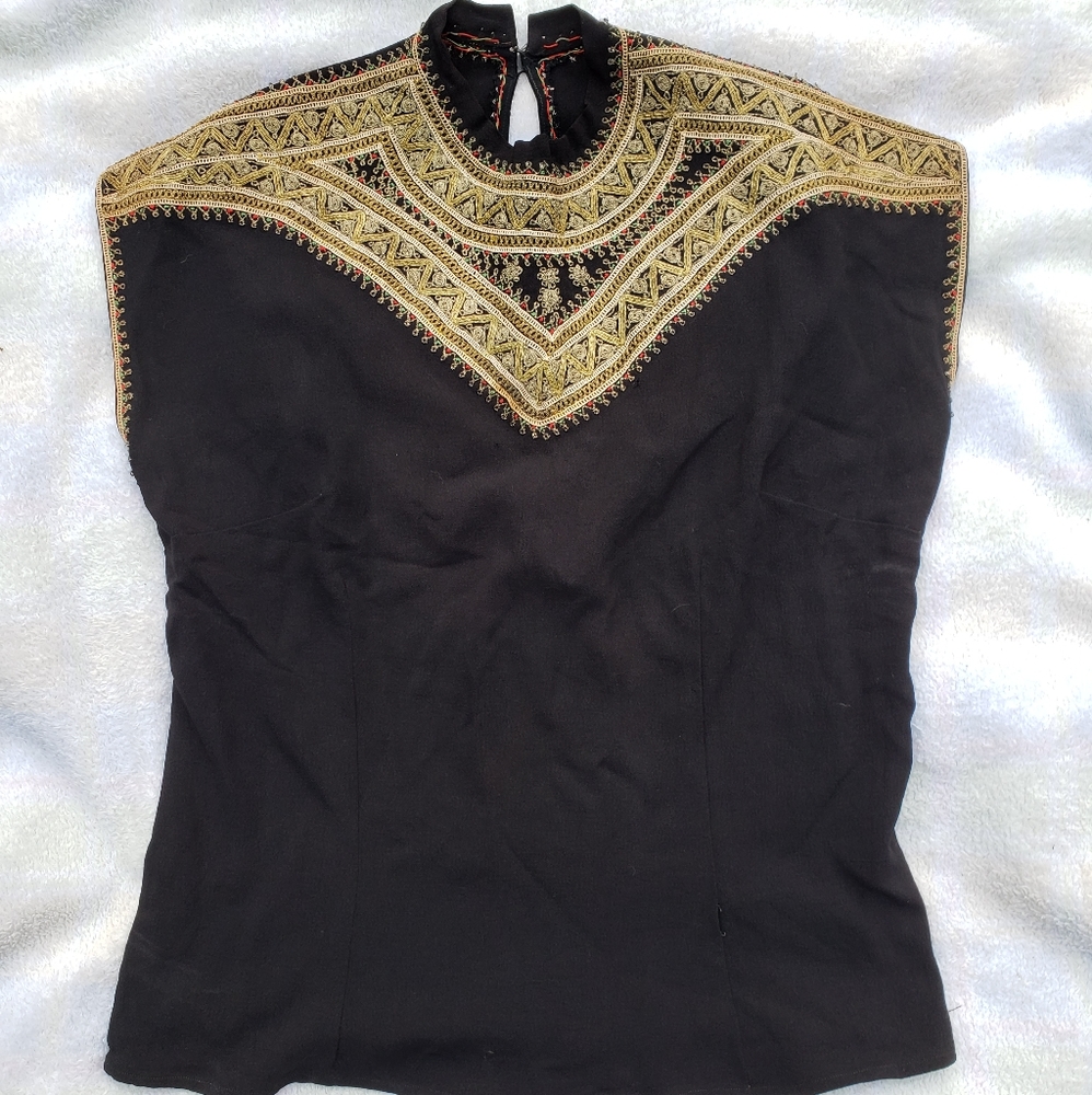 Rare!🍀 50's Handmade Boho Embroidery Crepe Blouse